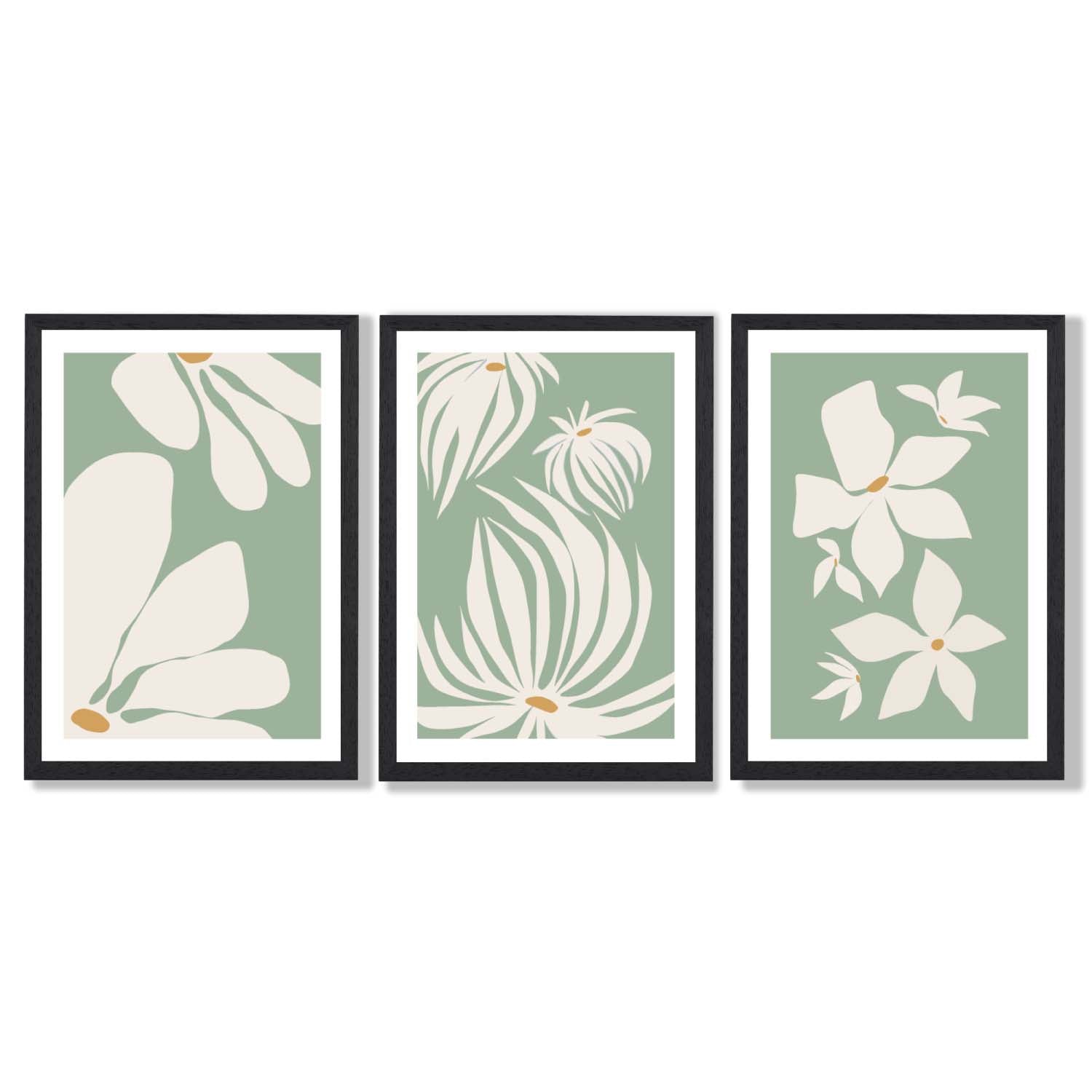 Set of 3 Green Floral Contemporary Framed Art Prints with Black Wooden Frames