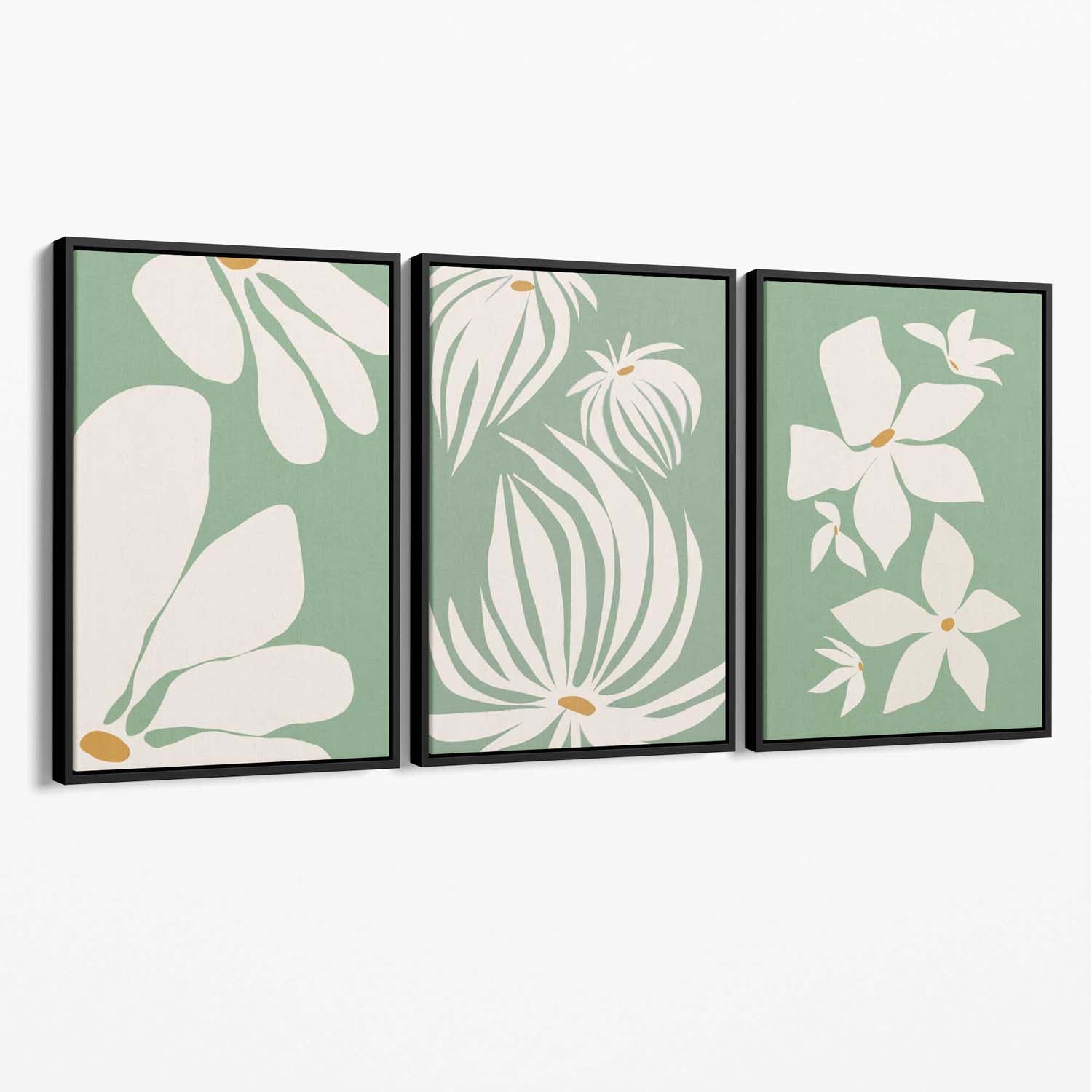 Set of 3 Green Floral Contemporary Canvas Art Prints with Black Float Frame