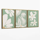 Set of 3 Green Floral Contemporary Canvas Art Prints with Gold Float Frame