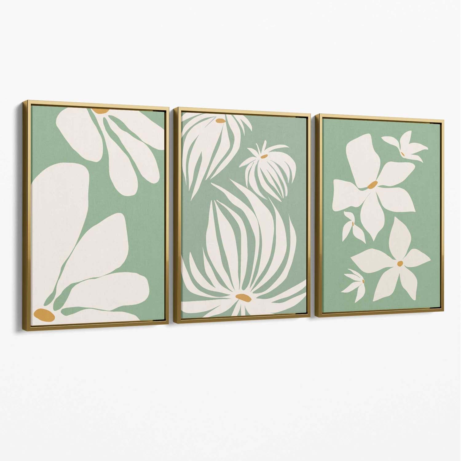 Set of 3 Green Floral Contemporary Canvas Art Prints with Gold Float Frame