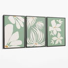 Set of 3 Green Floral Contemporary Canvas Art Prints with Grey Float Frame