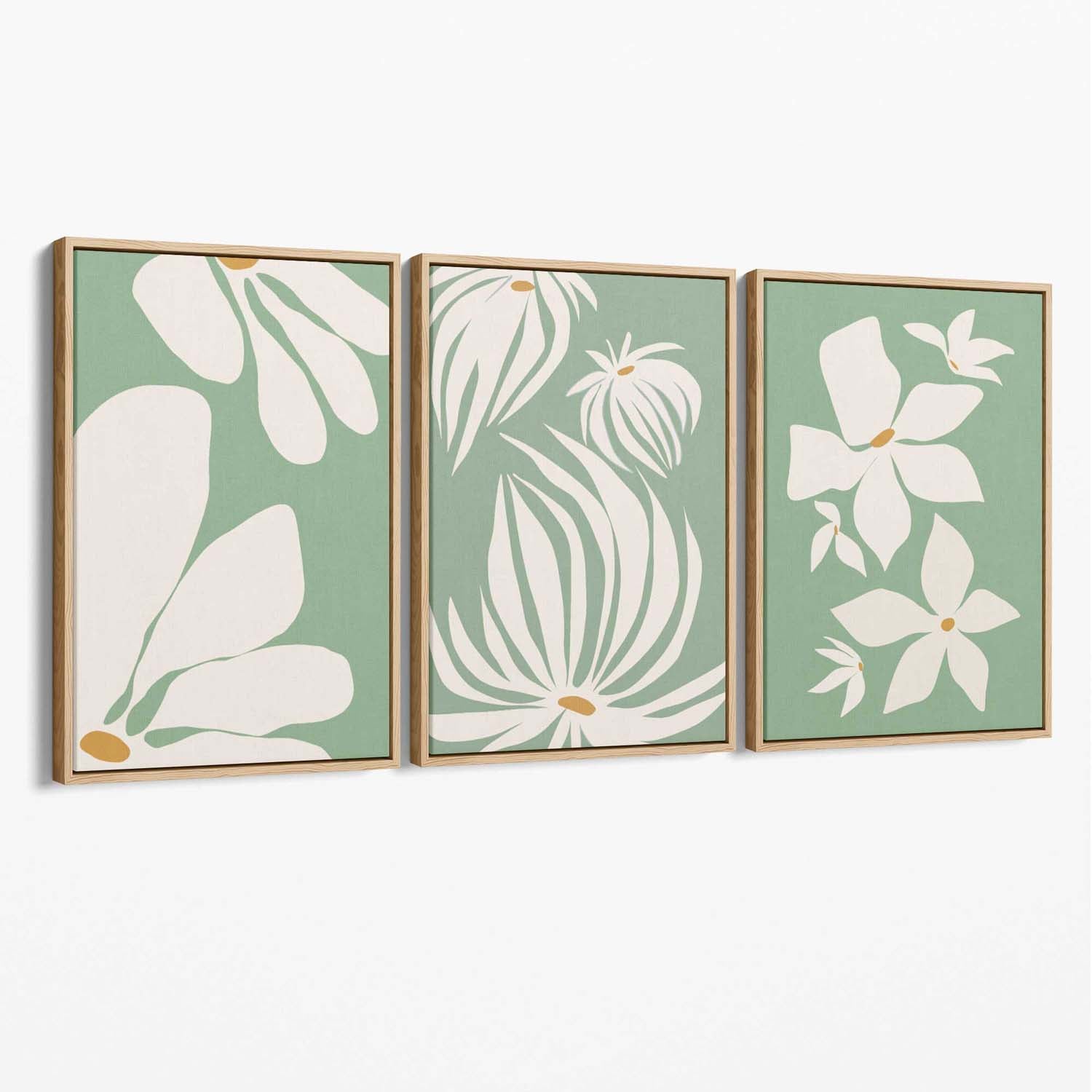 Set of 3 Green Floral Contemporary Canvas Art Prints with Oak Float Frame