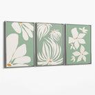 Set of 3 Green Floral Contemporary Canvas Art Prints with Silver Float Frame