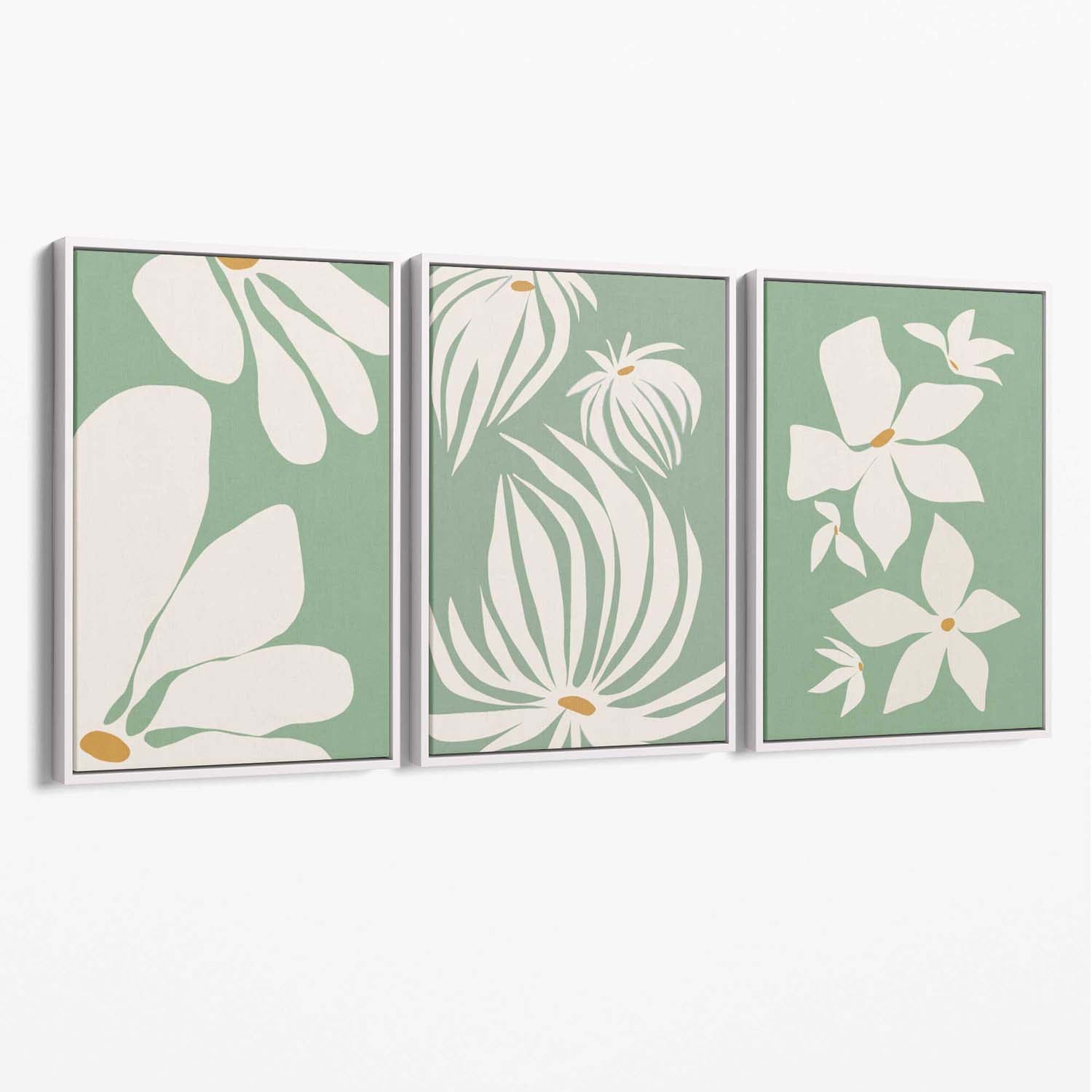 Set of 3 Green Floral Contemporary Canvas Art Prints with White Float Frame