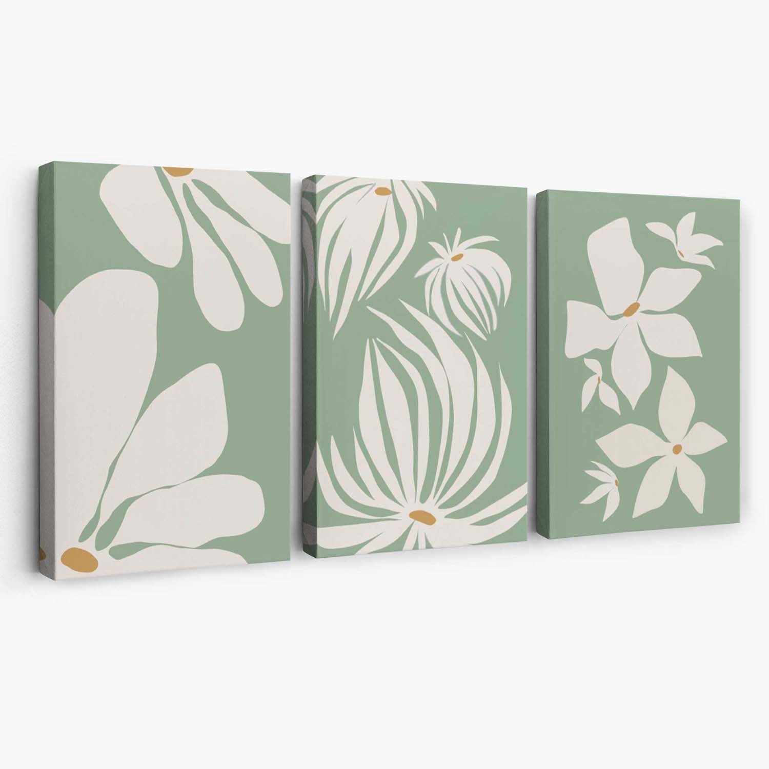 Set of 3 Green Floral Contemporary Canvas Art Prints | Artze Wall Art