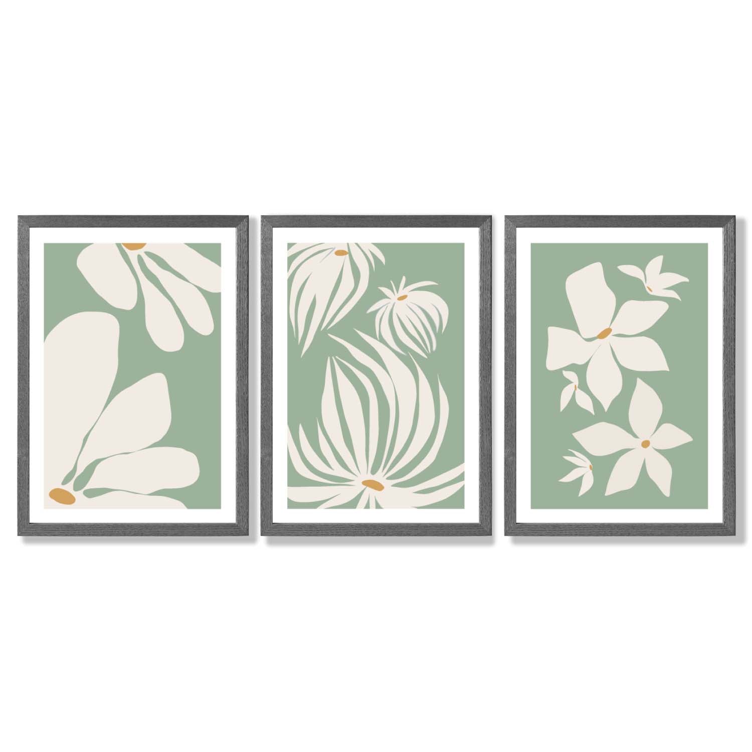 Set of 3 Green Floral Contemporary Framed Art Prints with Dark Grey Wooden Frames