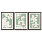 Set of 3 Green Floral Contemporary Framed Art Prints with Dark Wood Frames