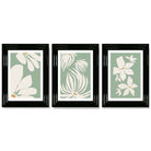 Set of 3 Green Floral Contemporary Framed Art Prints with Glossy Black Frames