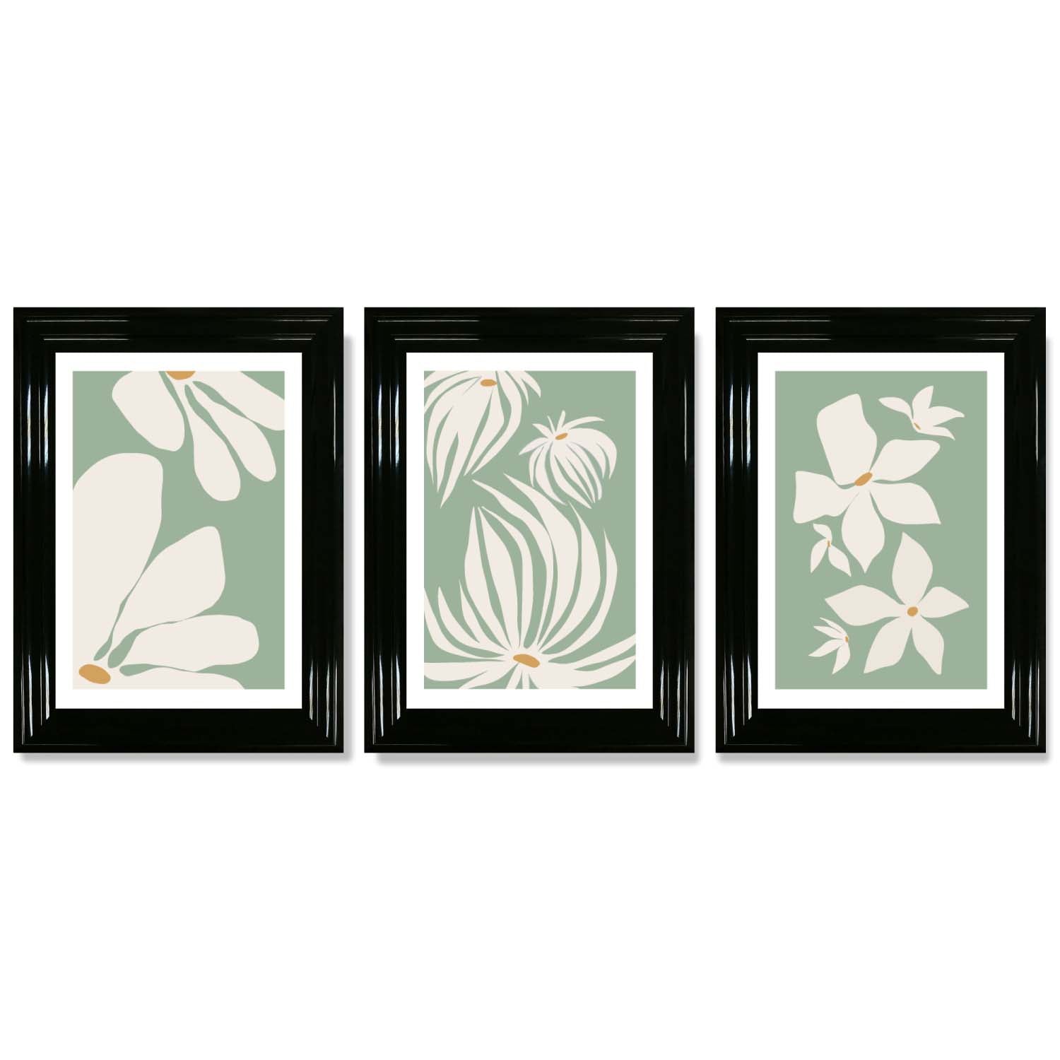 Set of 3 Green Floral Contemporary Framed Art Prints with Glossy Black Frames