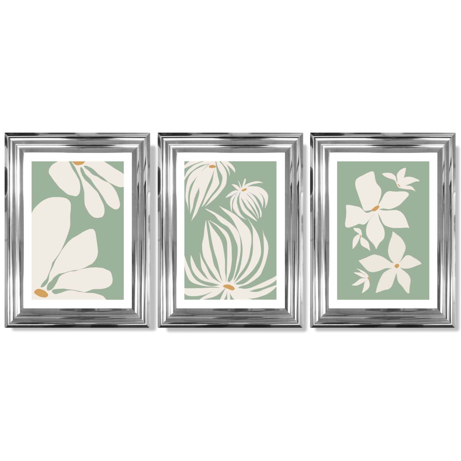 Set of 3 Green Floral Contemporary Framed Art Prints with Glossy Chrome Frames