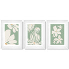 Set of 3 Green Floral Contemporary Framed Art Prints with Glossy White Frames