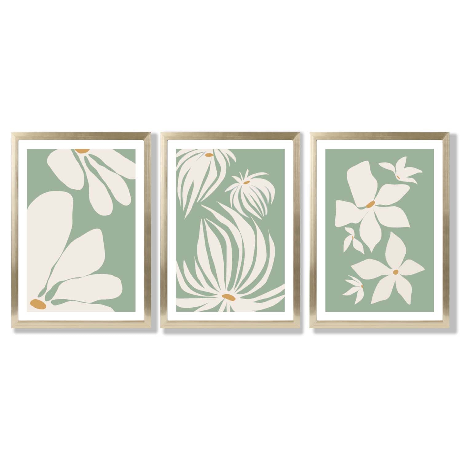 Set of 3 Green Floral Contemporary Framed Art Prints with Gold Wood Frames