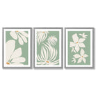 Set of 3 Green Floral Contemporary Framed Art Prints with Light Grey Wooden Frames