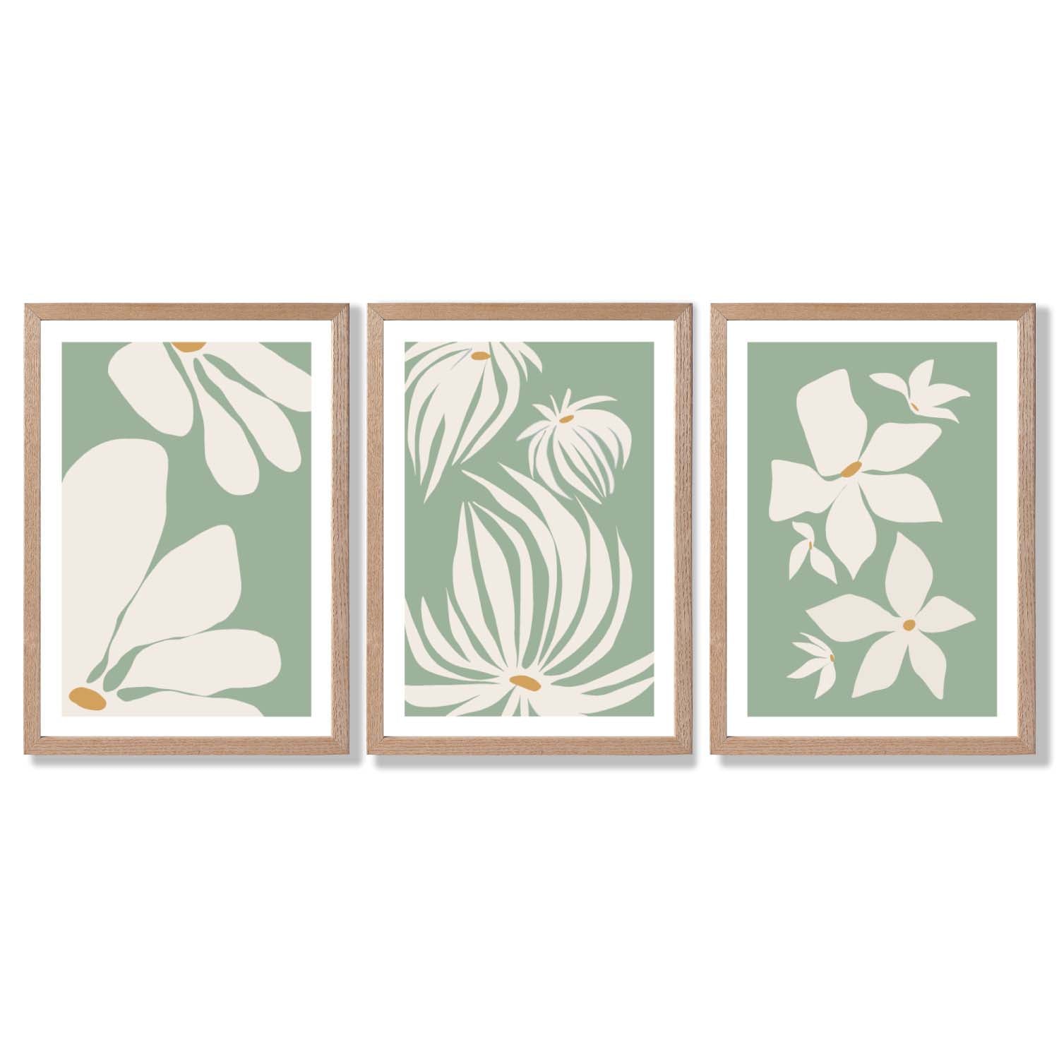 Set of 3 Green Floral Contemporary Framed Art Prints with Light Oak Frames