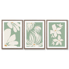 Set of 3 Green Floral Contemporary Framed Art Prints with Light Walnut Frames