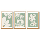 Set of 3 Green Floral Contemporary Framed Art Prints with Oak Wooden Frames