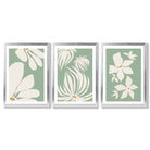 Set of 3 Green Floral Contemporary Framed Art Prints with Silver Wood Frames