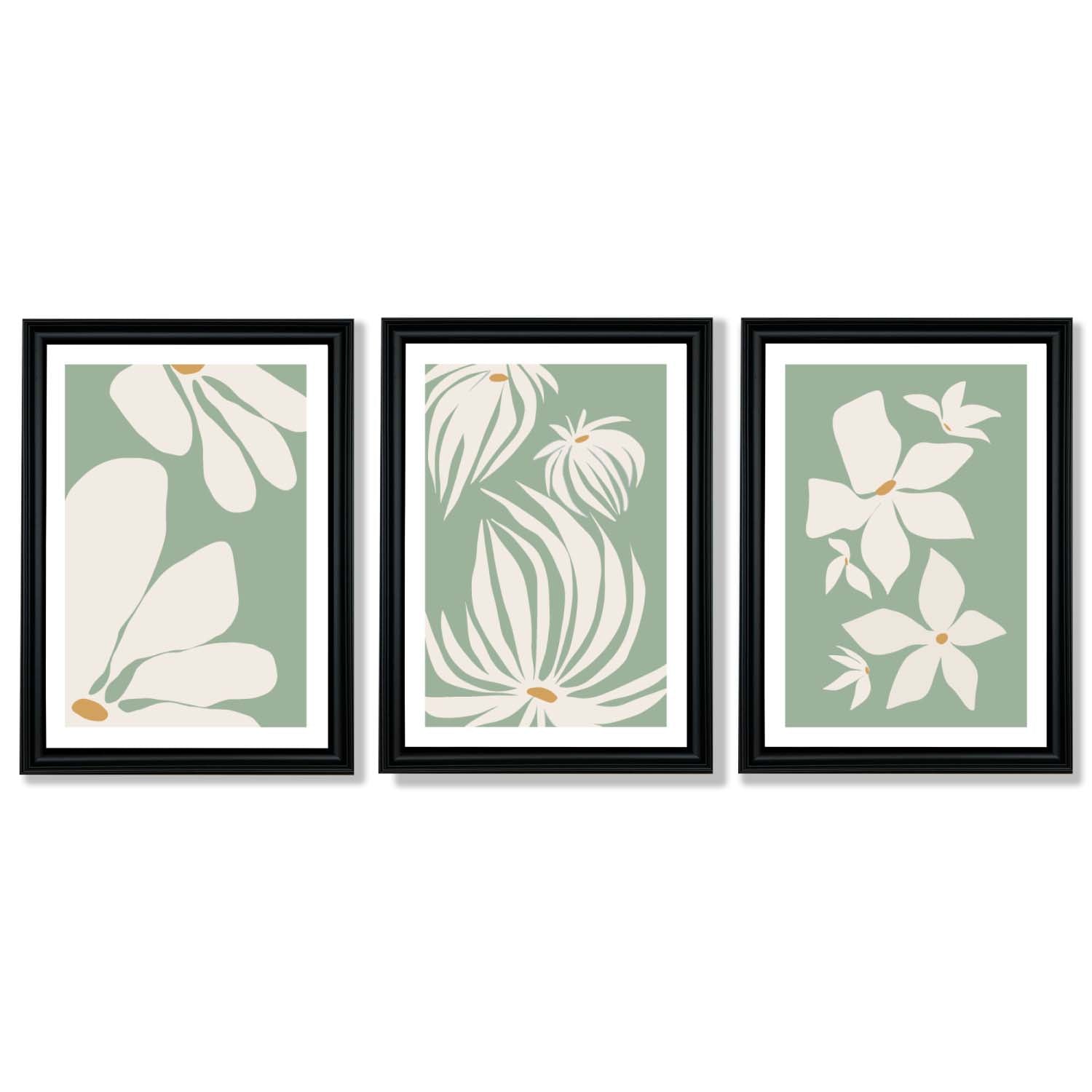 Set of 3 Green Floral Contemporary Framed Art Prints with Vermeer Black Frames