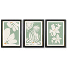 Set of 3 Green Floral Contemporary Framed Art Prints with Vermeer Black and Gold Frames