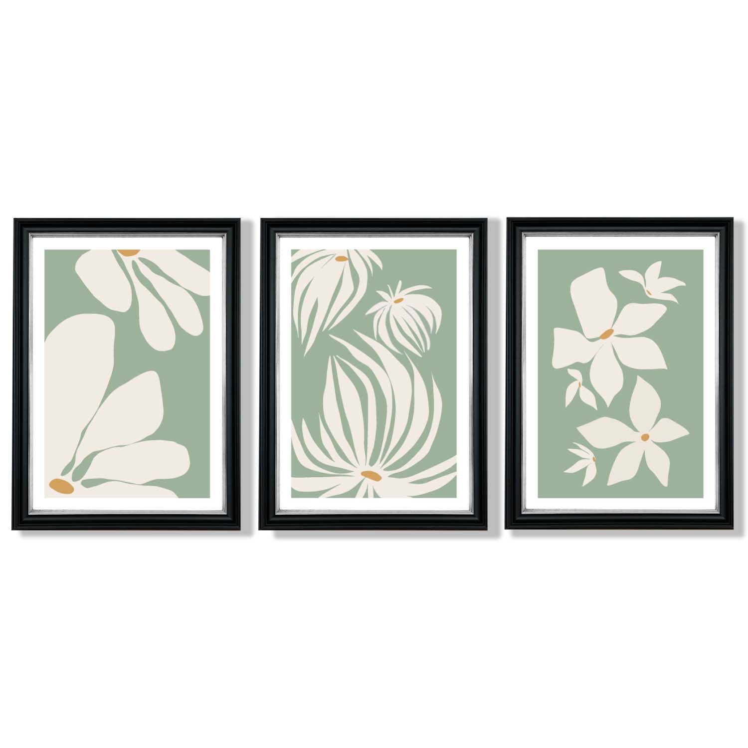 Set of 3 Green Floral Contemporary Framed Art Prints with Vermeer Black and Silver Frames