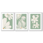 Set of 3 Green Floral Contemporary Framed Art Prints with White Wooden Frames