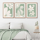 Set of 3 Green Floral Contemporary Art Prints in Luxury Frames | Artze UK