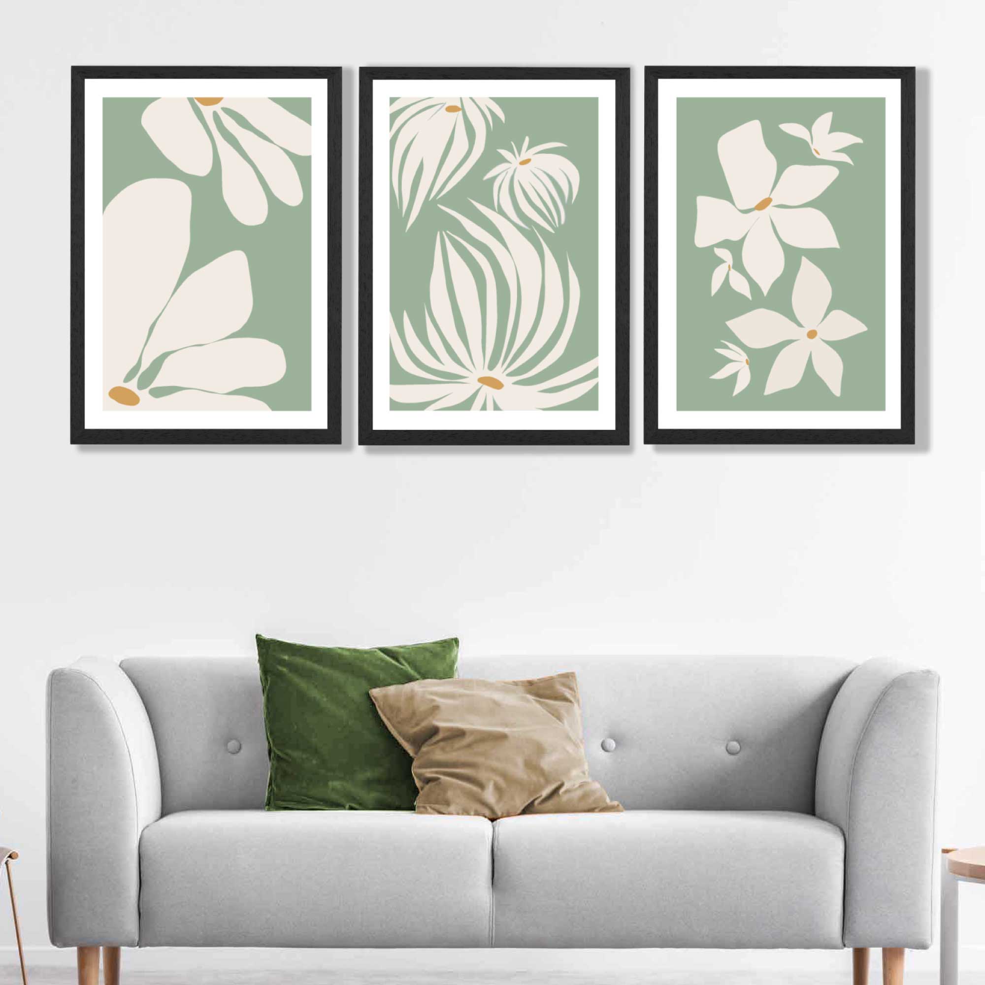 Set of 3 Green Floral Contemporary Art Prints in Black Frames | Artze UK