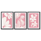 Set of 3 Pink Floral Quirky Framed Art Prints with Black Wooden Frames