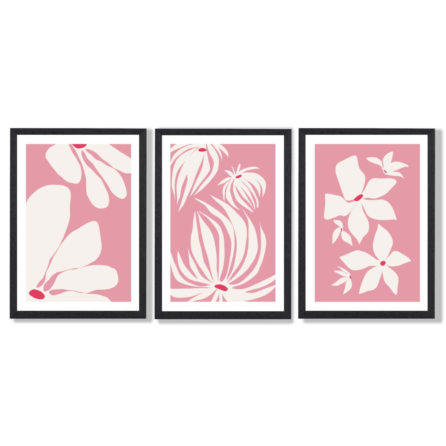 Set of 3 Pink Floral Quirky Framed Art Prints with Black Wooden Frames