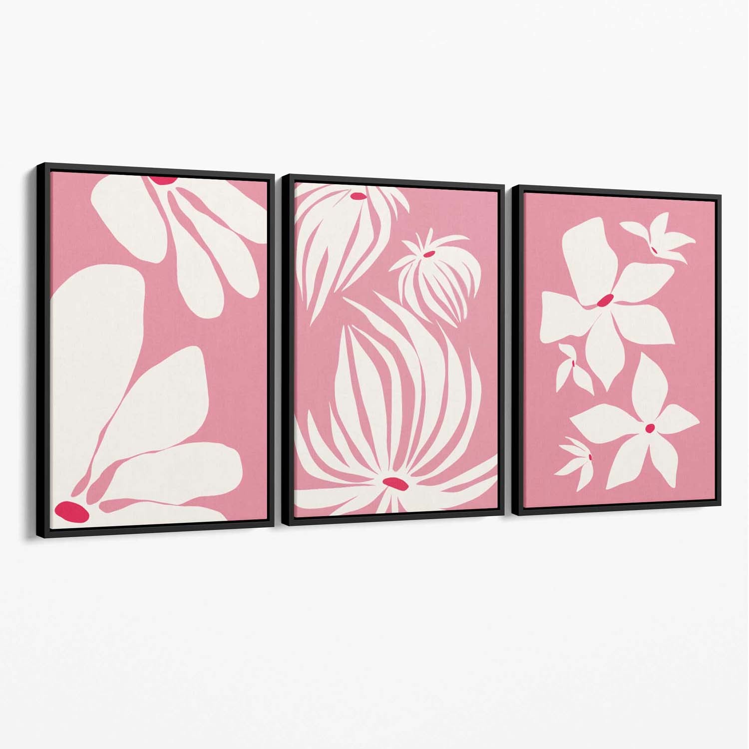 Set of 3 Pink Floral Quirky Canvas Art Prints with Black Float Frame