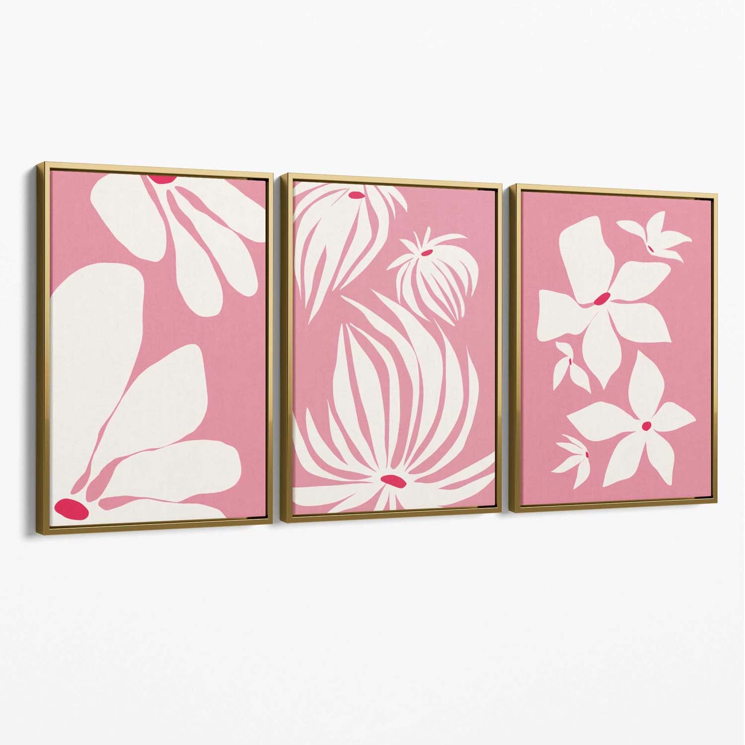 Set of 3 Pink Floral Quirky Canvas Art Prints with Gold Float Frame