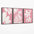 Set of 3 Pink Floral Quirky Canvas Art Prints with Grey Float Frame