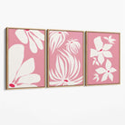 Set of 3 Pink Floral Quirky Canvas Art Prints with Oak Float Frame