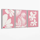 Set of 3 Pink Floral Quirky Canvas Art Prints with White Float Frame