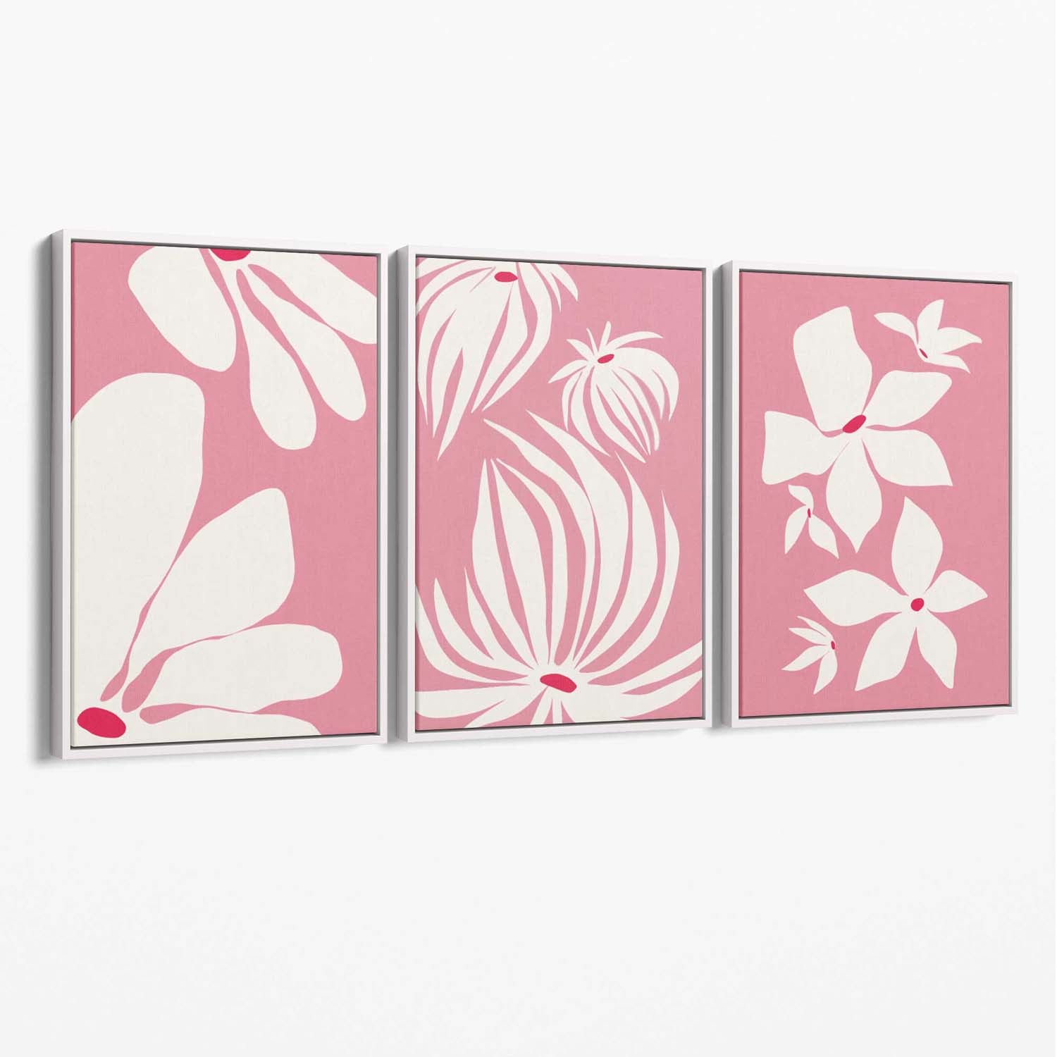 Set of 3 Pink Floral Quirky Canvas Art Prints with White Float Frame