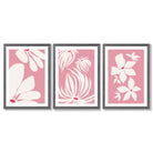 Set of 3 Pink Floral Quirky Framed Art Prints with Dark Grey Wooden Frames