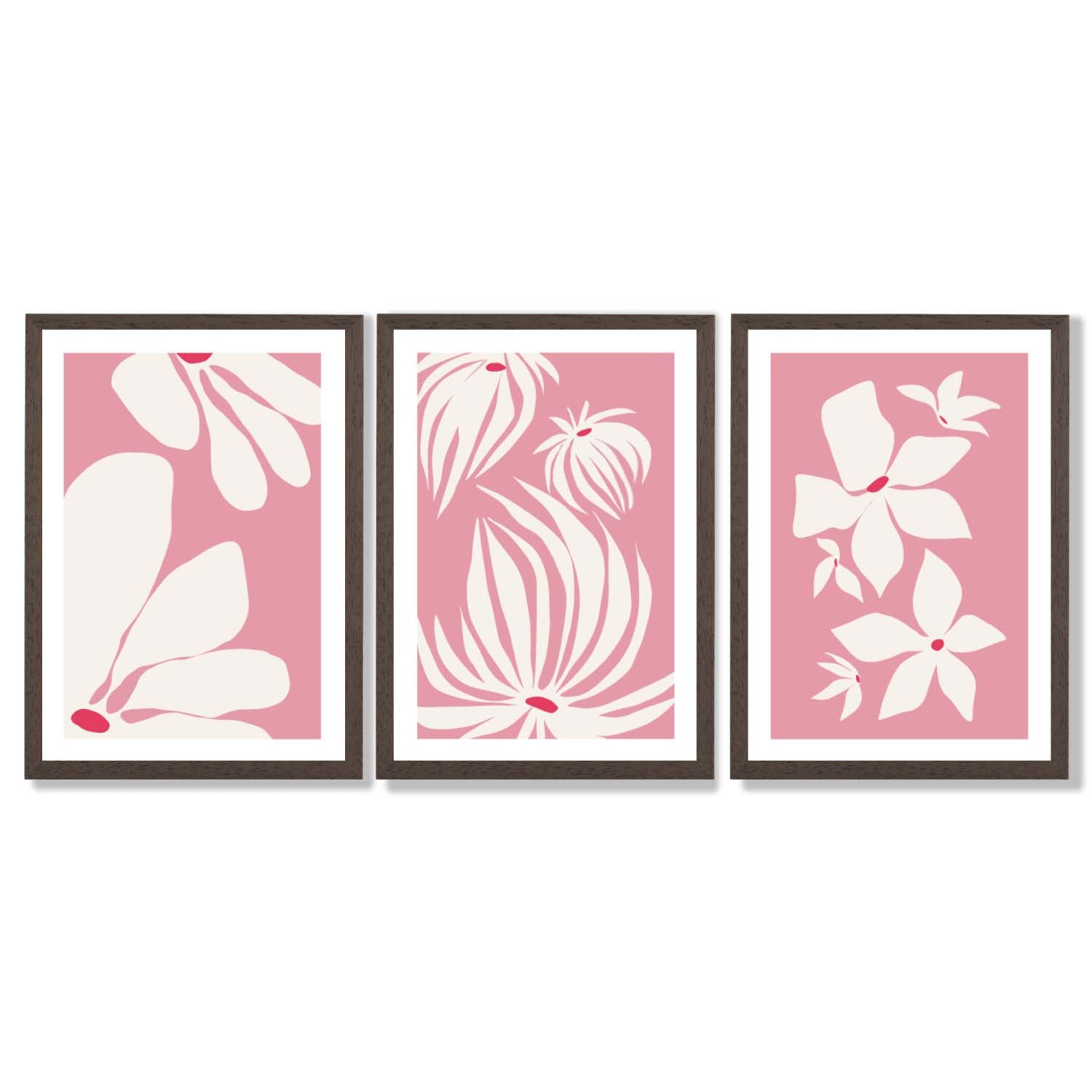 Set of 3 Pink Floral Quirky Framed Art Prints with Dark Wood Frames