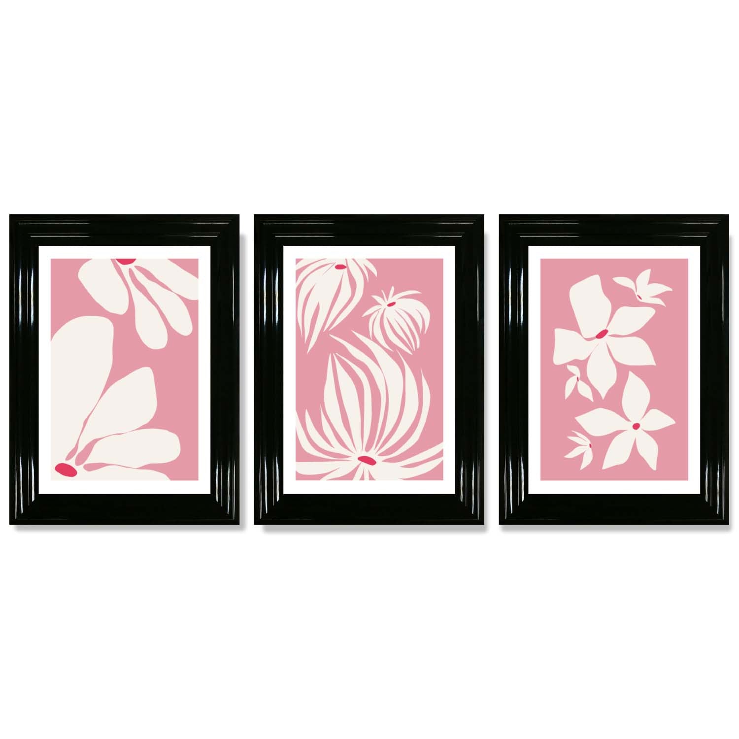 Set of 3 Pink Floral Quirky Framed Art Prints with Glossy Black Frames