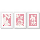 Set of 3 Pink Floral Quirky Framed Art Prints with Glossy White Frames