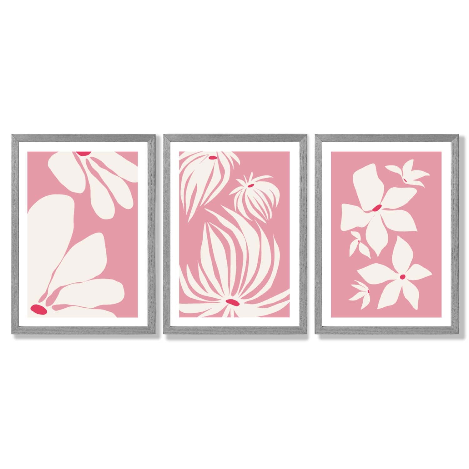 Set of 3 Pink Floral Quirky Framed Art Prints with Light Grey Wooden Frames