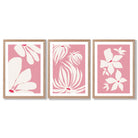 Set of 3 Pink Floral Quirky Framed Art Prints with Light Oak Frames