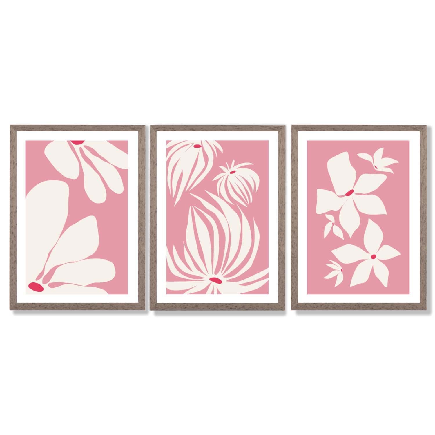 Set of 3 Pink Floral Quirky Framed Art Prints with Light Walnut Frames