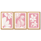 Set of 3 Pink Floral Quirky Framed Art Prints with Oak Wooden Frames