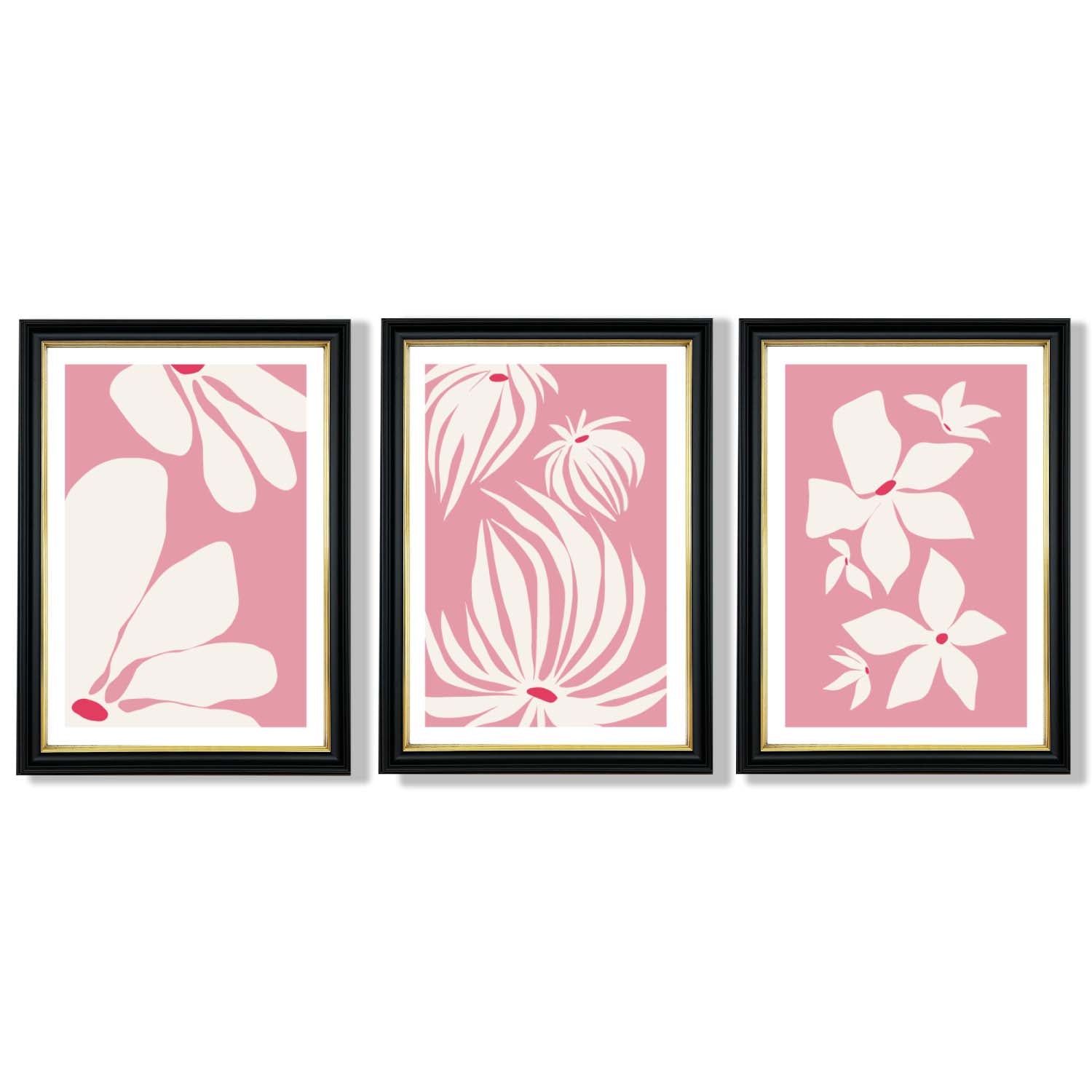 Set of 3 Pink Floral Quirky Framed Art Prints with Vermeer Black and Gold Frames