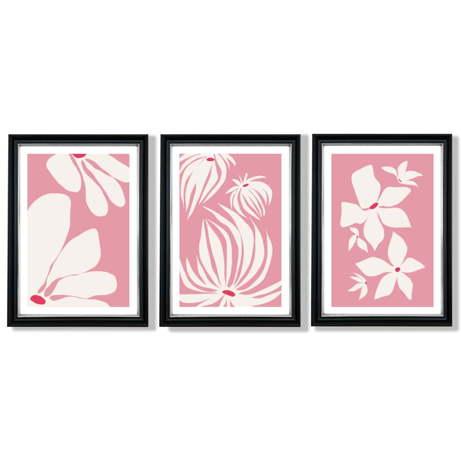 Set of 3 Pink Floral Quirky Framed Art Prints with Vermeer Black and Silver Frames