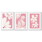 Set of 3 Pink Floral Quirky Framed Art Prints with White Wooden Frames