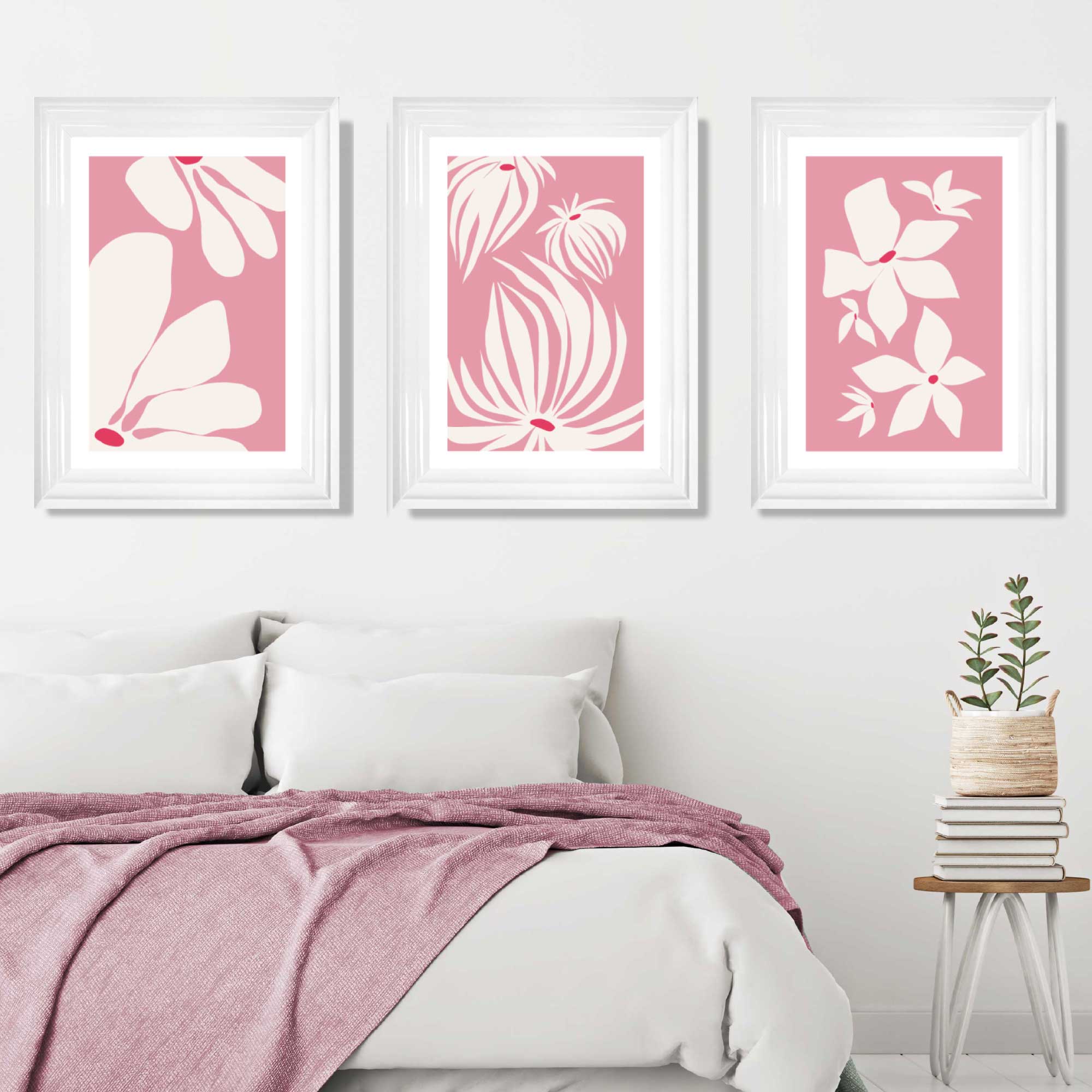 Set of 3 Pink Floral Quirky Art Prints in Luxury Frames | Artze UK