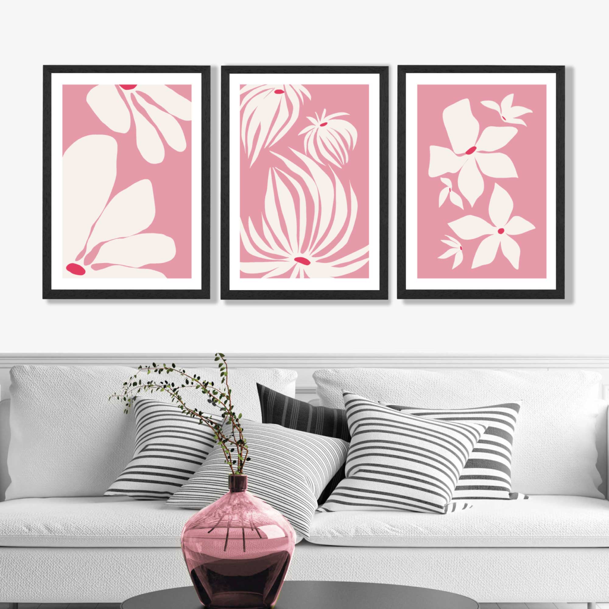 Set of 3 Pink Floral Quirky Art Prints in Black Frames | Artze UK