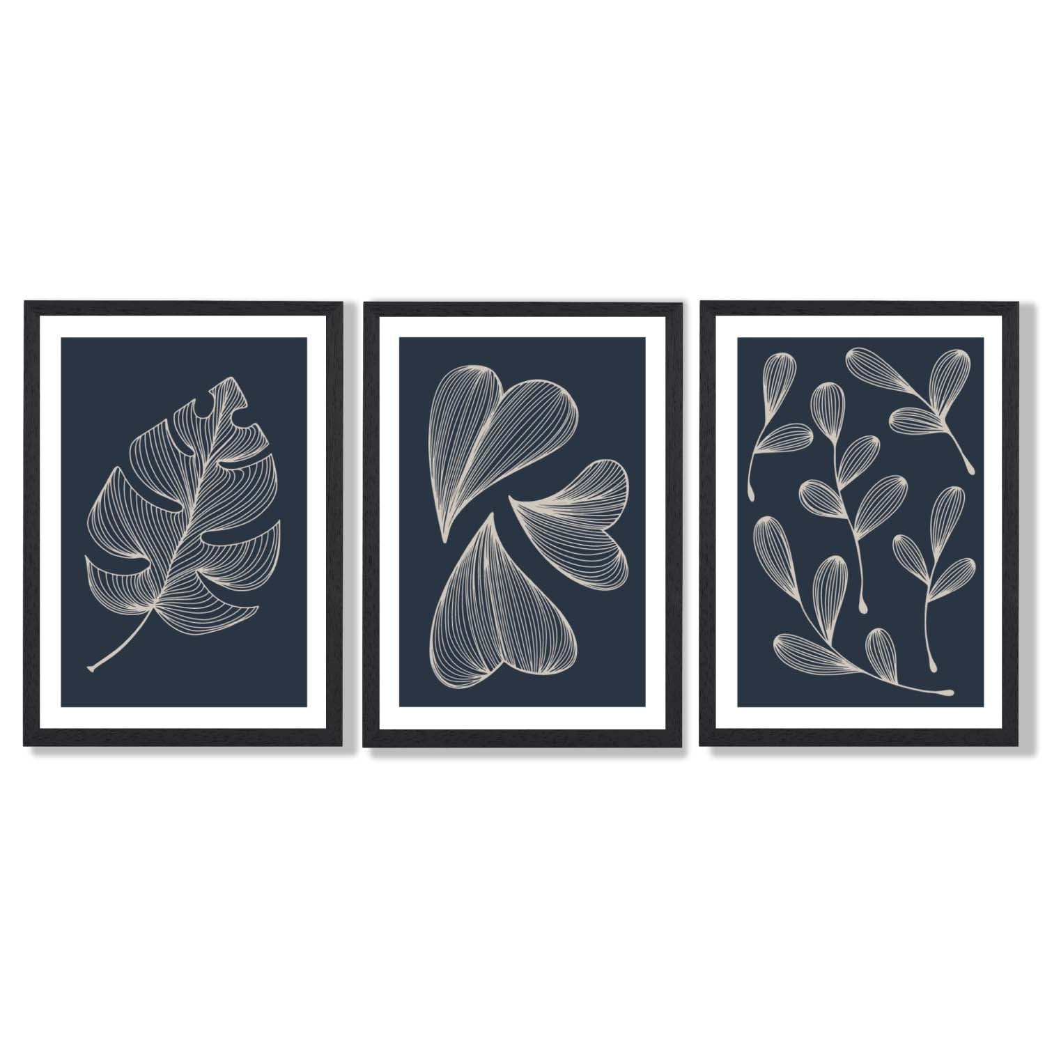 Set of 3 Dark Blue Minimal Sketch Leaves  Framed Art Prints with Black Wooden Frames