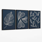 Set of 3 Dark Blue Minimal Sketch Leaves  Canvas Art Prints with Black Float Frame